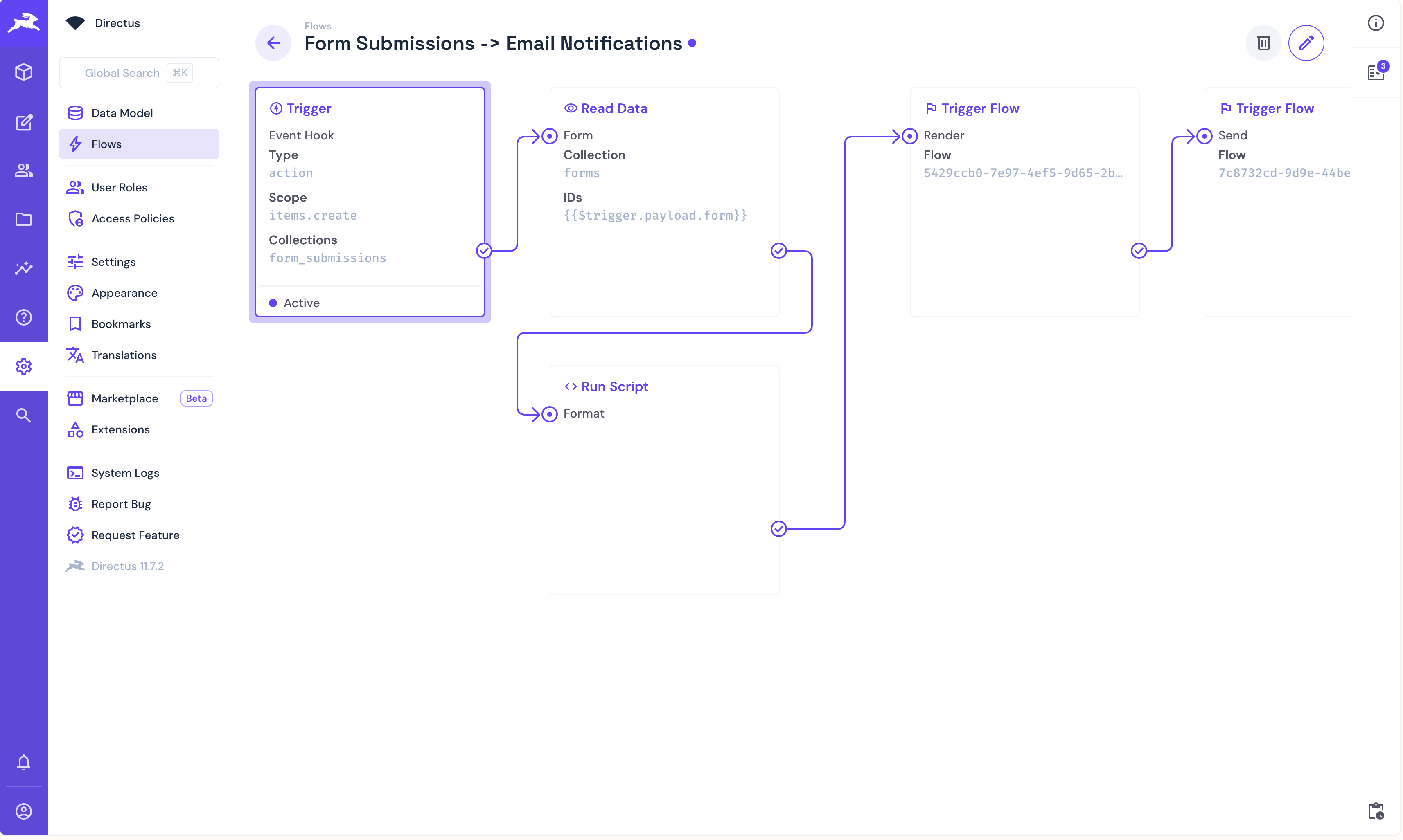Directus email form submission flow