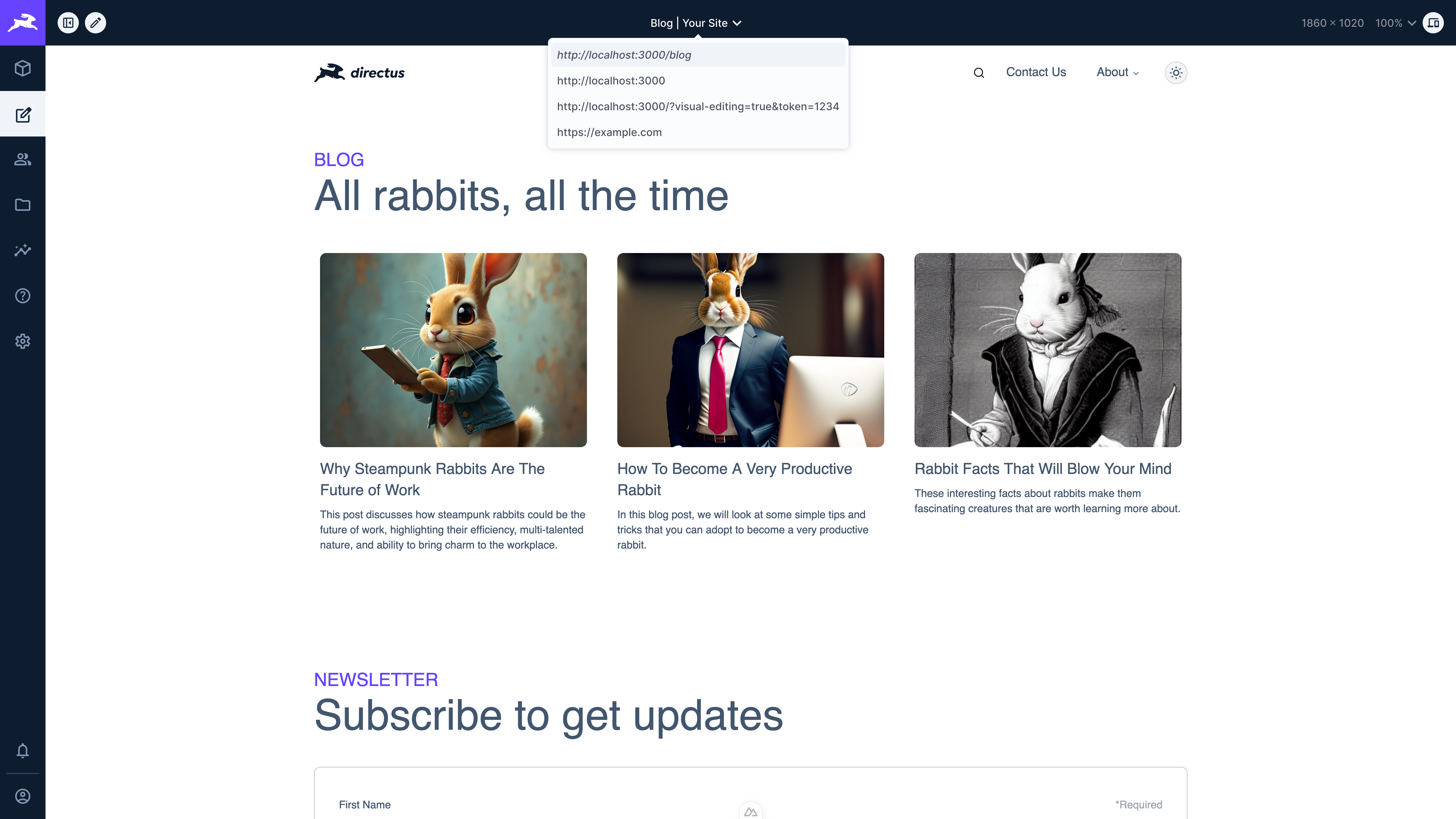 An image of the visual editor module open on a page with the url dropdown open